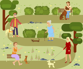 Obraz na płótnie Canvas People with pets walking in the park. Different breeds of dogs with owners. Vector illustration eps 10
