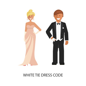 White Tie Dress Code. Man And Woman In Smart Casual Style Suits Isolated On White Background. Vector Illustration Of People In Formal Clothes.
