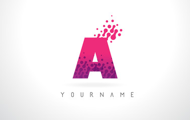 A Letter Logo with Pink Purple Color and Particles Dots Design.