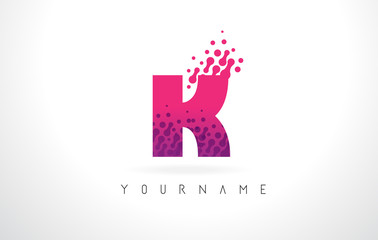 K Letter Logo with Pink Purple Color and Particles Dots Design.