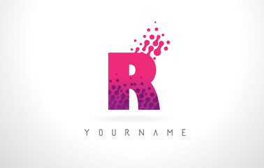 R Letter Logo with Pink Purple Color and Particles Dots Design.