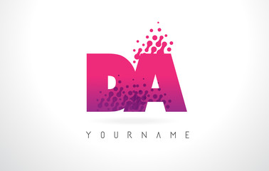 DA D A Letter Logo with Pink Purple Color and Particles Dots Design.