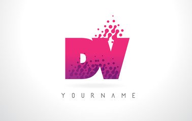 DV D V Letter Logo with Pink Purple Color and Particles Dots Design.