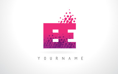 EE E E Letter Logo with Pink Purple Color and Particles Dots Design.