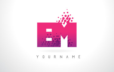 EM E M Letter Logo with Pink Purple Color and Particles Dots Design.