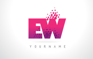 EW E W Letter Logo with Pink Purple Color and Particles Dots Design.