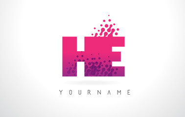 HE H E Letter Logo with Pink Purple Color and Particles Dots Design.