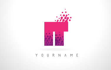 Fototapeta na wymiar IT I T Letter Logo with Pink Purple Color and Particles Dots Design.