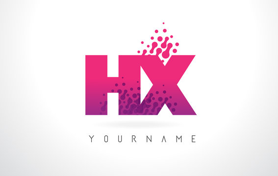 HX H X Letter Logo with Pink Purple Color and Particles Dots Design.