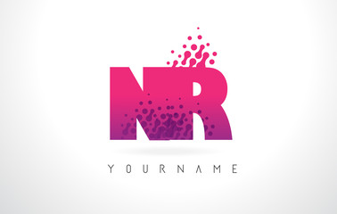 Obraz premium NR N R Letter Logo with Pink Purple Color and Particles Dots Design.