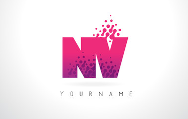 Fototapeta na wymiar NV N V Letter Logo with Pink Purple Color and Particles Dots Design.