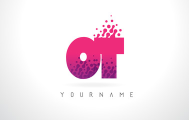 OT O T Letter Logo with Pink Purple Color and Particles Dots Design.