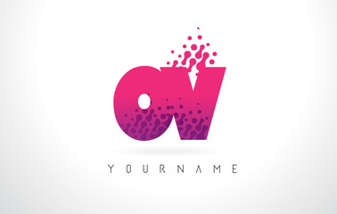 Fototapeta premium OV O V Letter Logo with Pink Purple Color and Particles Dots Design.