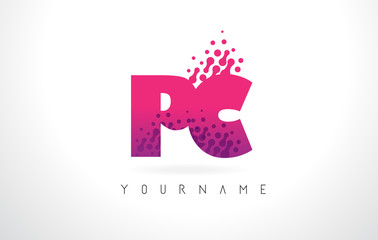 PC P C Letter Logo with Pink Purple Color and Particles Dots Design.