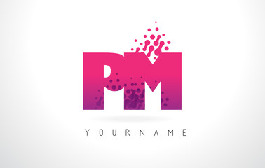 Obraz premium PM P L Letter Logo with Pink Purple Color and Particles Dots Design.