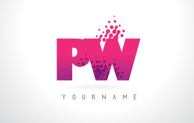 PW P W Letter Logo with Pink Purple Color and Particles Dots Design.