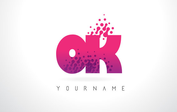 OK O K Letter Logo with Pink Purple Color and Particles Dots Design.