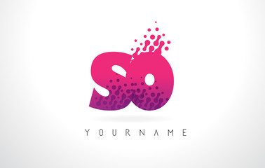 SO S O Letter Logo with Pink Purple Color and Particles Dots Design.