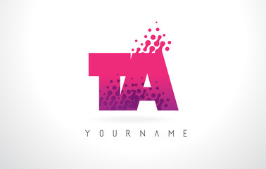 TA T A Letter Logo with Pink Purple Color and Particles Dots Design.