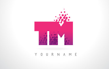 TM T M Letter Logo with Pink Purple Color and Particles Dots Design.