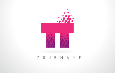 TT T Letter Logo with Pink Purple Color and Particles Dots Design.