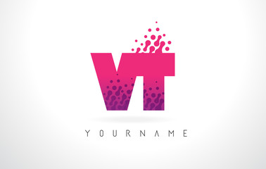 VT V T Letter Logo with Pink Purple Color and Particles Dots Design.