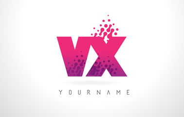 VX V X Letter Logo with Pink Purple Color and Particles Dots Design.