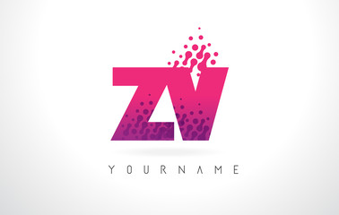ZV Z V Letter Logo with Pink Purple Color and Particles Dots Design.