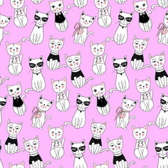 Vector funny cat seamless pattern. Cute kitten hand drawn illustration. Stylish cartoon animals background. Ideal for fabric, wallpaper, wrapping paper, textile, bedding, t-shirt print.