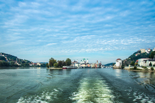 Idyllic morning mood, leaving Passau by ship, Germany, Donau 