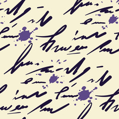 Seamless abstract hand-written inscriptions and blots vector pattern. Texture for cover, paper, gift, fabric