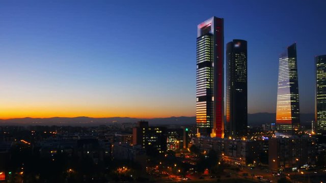 madrid city skyscrapers at sunset panning