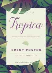 Poster template with summer tropical leaves. Vector illustration. 