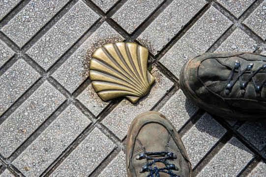 Symbol of the camino de santiago with two shoes of pilgrims