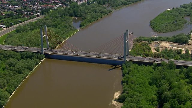 Overhead Aerial shot of Siekierkowski Bridge on Vistula River, Poland
