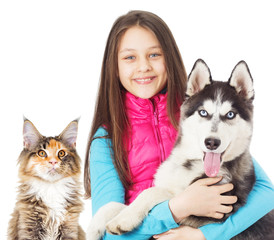 Girl and Siberian husky dog and cat on white background