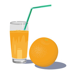 Fresh orange juice in glass with fruits isolated on white background. Fruit juice vector illustration.