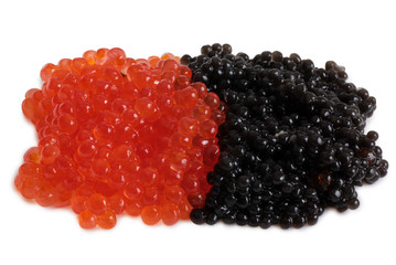Red and black fish caviar on white background