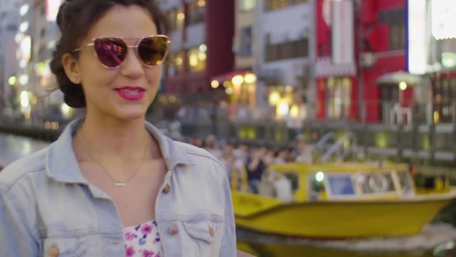 Walking on dotombori river Namba Osaka Japan Smooth slow motion