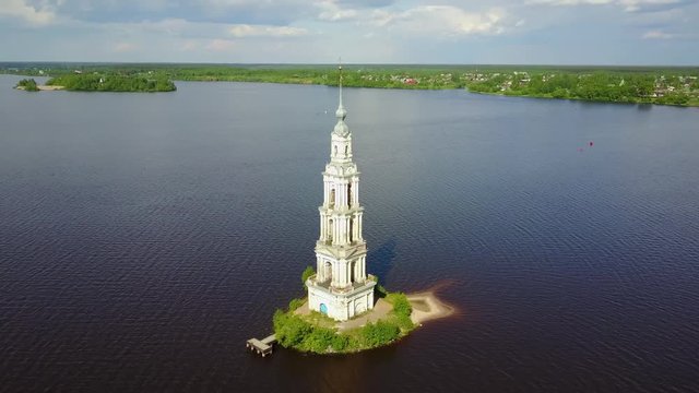 Famous flooded bell tower in Kalyazin, Tver oblast, Russia (close moving around)
