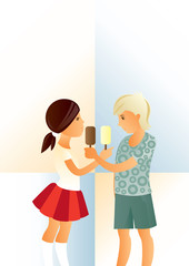 Fototapeta premium Sharing ice cream / Creative conceptual vector. Girl and boy sharing the ice cream.