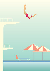 In the pool / Creative conceptual vector. Woman jumping in the pool.
