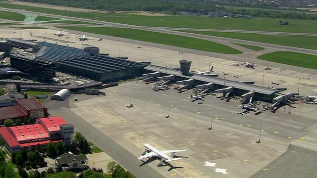 Aerial overhead view of an international airport terminal in Warsaw, Poland