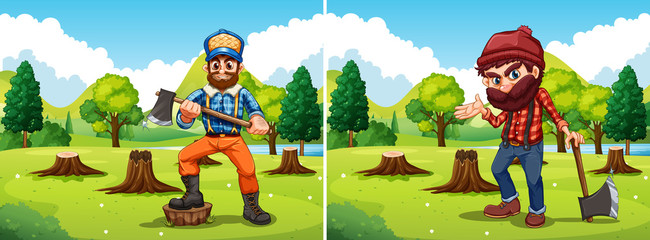 Deforestation scenes with two lumberjacks