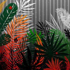 Multicolor trendy palm, tropical exotic leaves on a gray background. Vector botanical illustration, elements for design.
