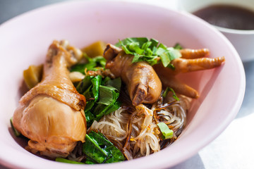 Chicken noodle in pink bowl | Asian oriental cuisine of lunch and dinner.