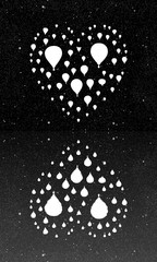 Air balloons in shape of heart at night. Abstract vector illustration with silhouette of flying aerostats reflecting in water. Inverted black and white