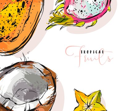 Hand drawn vector abstract freehand textured unusual background with exotic tropical fruits papaya,dragon fruit,coconut and carambola illustrations isolated on white