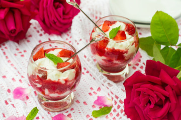 Dessert with sweet cottage cheese ricotta and strawberries