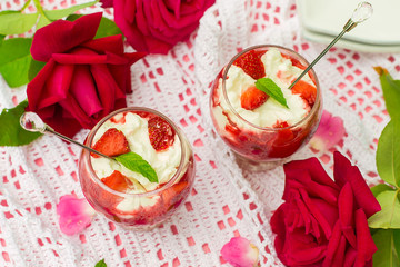 Dessert with sweet cottage cheese ricotta and strawberries
